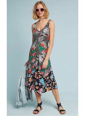 Anthropologie Maeve Violette Mixed Floral Sleeveless A-Line Midi Dress Black 0